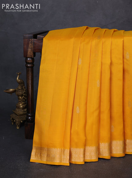 Pure kanchipuram silk saree mustard yellow with allover zari woven buttas and small zari woven border