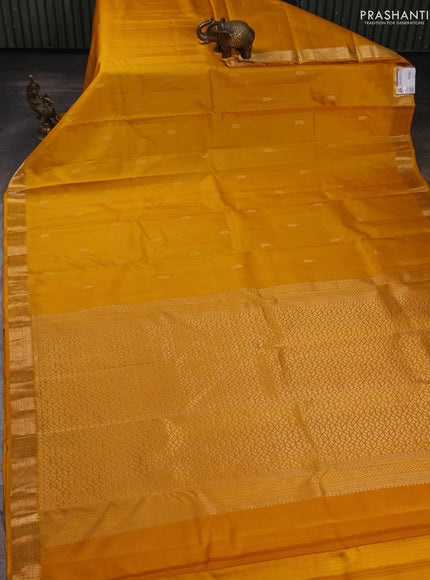 Pure kanchipuram silk saree mustard yellow with allover zari woven buttas and small zari woven border
