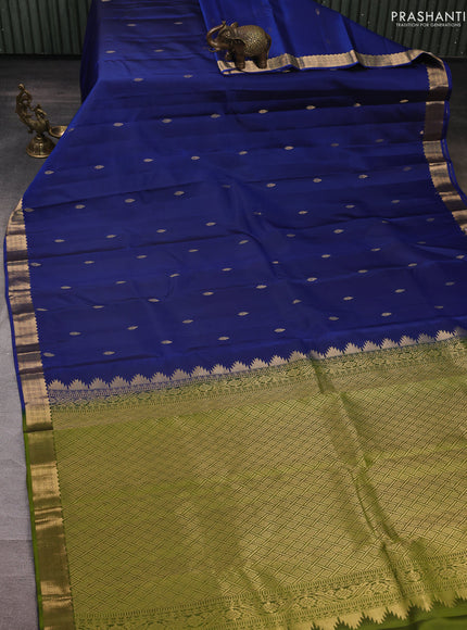 Pure kanchipuram silk saree blue and mehendi green with zari woven buttas and small zari woven korvai border