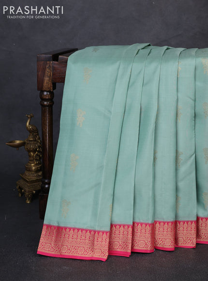 Pure kanchipuram silk saree pastel green and pink with zari woven buttas and small zari woven korvai border