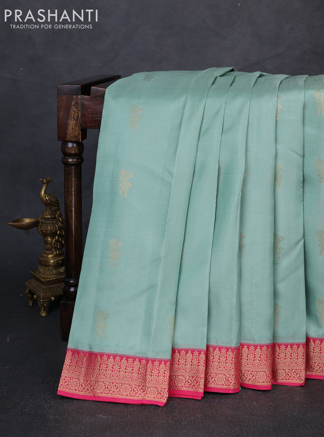 Pure kanchipuram silk saree pastel green and pink with zari woven buttas and small zari woven korvai border