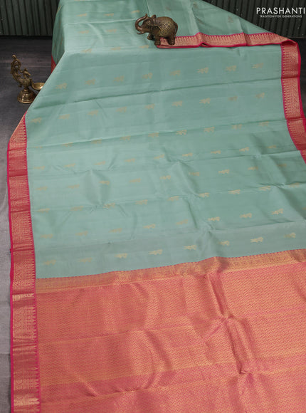 Pure kanchipuram silk saree pastel green and pink with zari woven buttas and small zari woven korvai border
