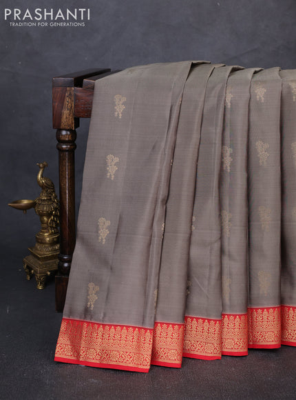 Pure kanchipuram silk saree dark beige and red with zari woven buttas and small zari woven korvai border