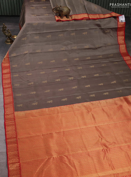 Pure kanchipuram silk saree dark beige and red with zari woven buttas and small zari woven korvai border