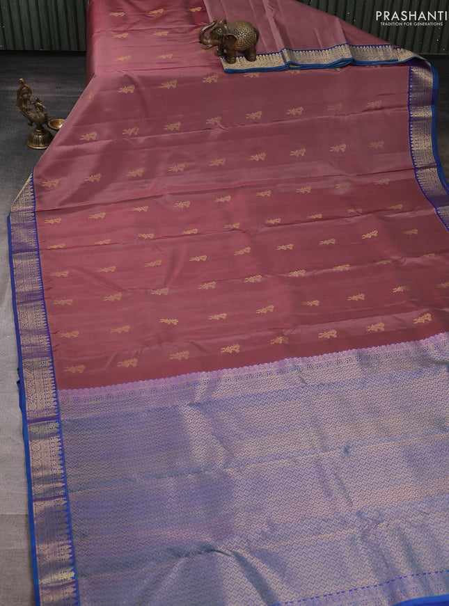 Pure kanchipuram silk saree pastel maroon and blue with zari woven buttas and small zari woven border