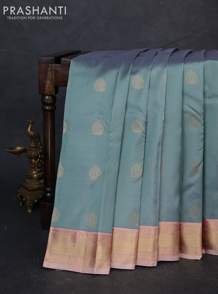 Pure kanchipuram silk saree bluish grey and dual shade of pink with allover zari woven buttas and zari woven korvai border
