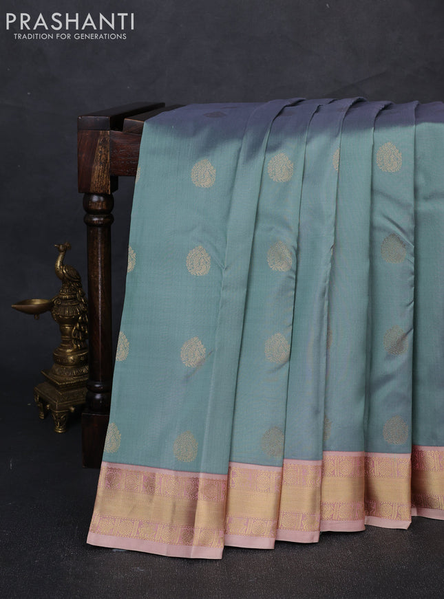 Pure kanchipuram silk saree bluish grey and dual shade of pink with allover zari woven buttas and zari woven korvai border