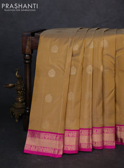 Pure kanchipuram silk saree sandal and pink with allover zari woven buttas and zari woven border
