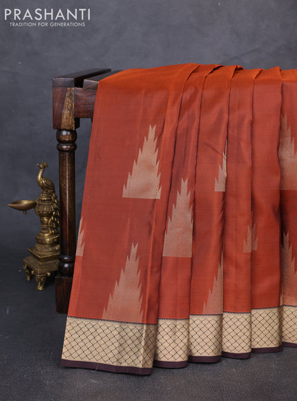 Pure kanchipuram silk saree rust shade and coffee brown with temple zari woven buttas and zari woven border