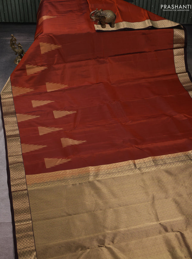 Pure kanchipuram silk saree rust shade and coffee brown with temple zari woven buttas and zari woven border