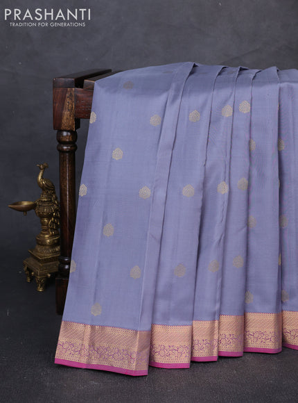Pure kanchipuram silk saree grey and pink with allover zari woven buttas and zari woven border