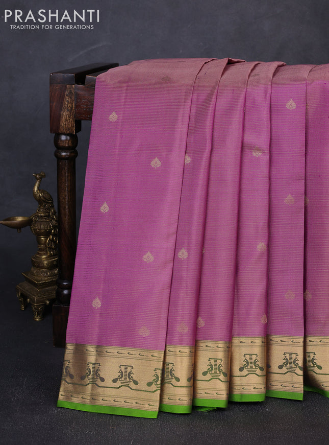 Pure kanchipuram silk saree mauve pink and light green with allover vairaosi pattern & zari woven buttas and paithani style border