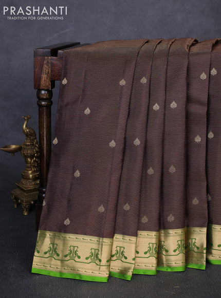 Pure kanchipuram silk saree coffee brown and light green with allover vairaosi pattern & zari woven buttas and paithani style border