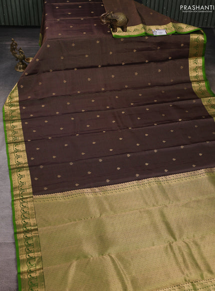 Pure kanchipuram silk saree coffee brown and light green with allover vairaosi pattern & zari woven buttas and paithani style border