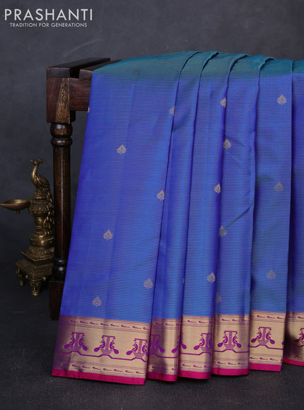 Pure kanchipuram silk saree blue and pink with allover vairaosi pattern & zari woven buttas and paithani style border