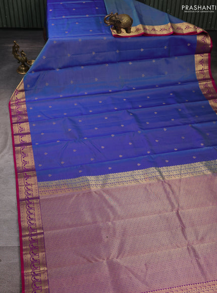 Pure kanchipuram silk saree blue and pink with allover vairaosi pattern & zari woven buttas and paithani style border