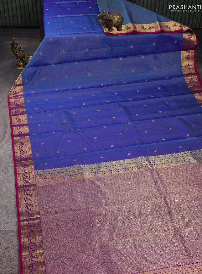 Pure kanchipuram silk saree blue and pink with allover vairaosi pattern & zari woven buttas and paithani style border