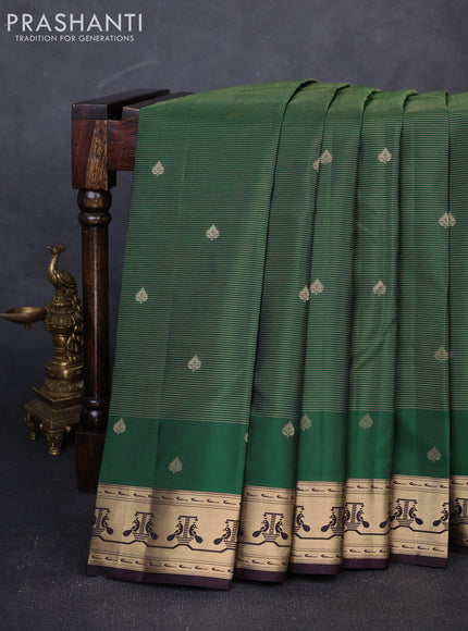 Pure kanchipuram silk saree bottle green and coffee brown with allover vairaosi pattern & buttas and paithani style border