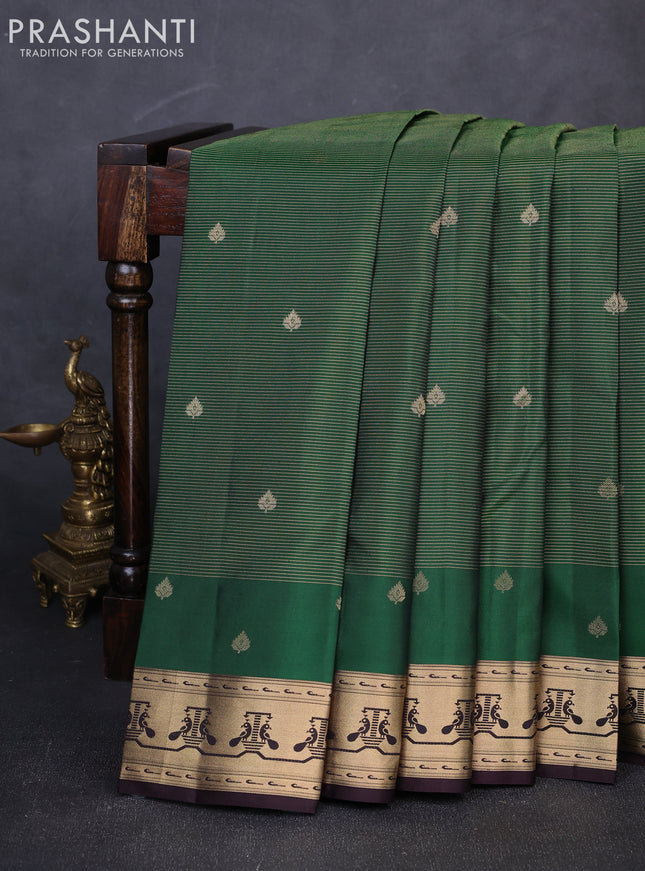 Pure kanchipuram silk saree bottle green and coffee brown with allover vairaosi pattern & buttas and paithani style border