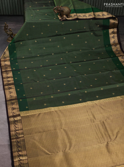 Pure kanchipuram silk saree bottle green and coffee brown with allover vairaosi pattern & buttas and paithani style border