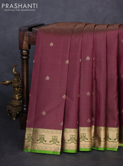 Pure kanchipuram silk saree deep wine shade and light green with allover vairaosi pattern & buttas and paithani style border