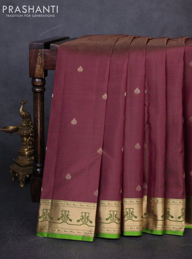 Pure kanchipuram silk saree deep wine shade and light green with allover vairaosi pattern & buttas and paithani style border