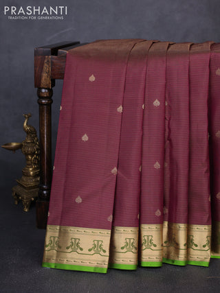Pure kanchipuram silk saree deep wine shade and light green with allover vairaosi pattern & buttas and paithani style border
