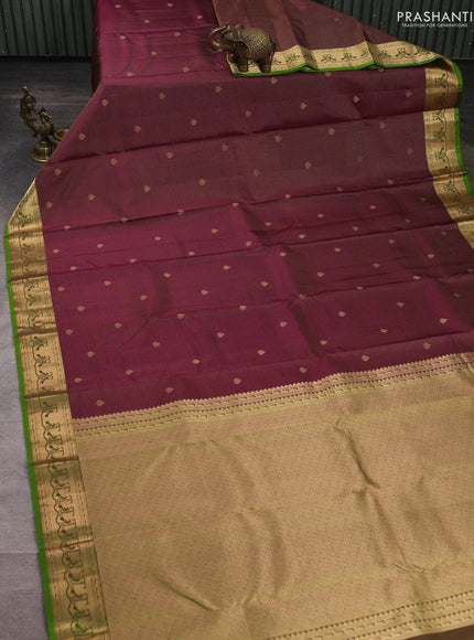 Pure kanchipuram silk saree deep wine shade and light green with allover vairaosi pattern & buttas and paithani style border