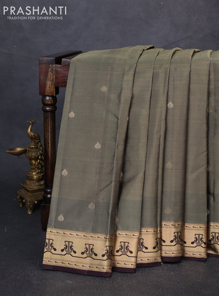 Pure kanchipuram silk saree olive green and coffee brown with allover vairaosi pattern & buttas and paithani style border