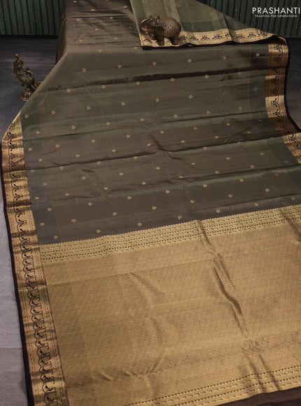 Pure kanchipuram silk saree olive green and coffee brown with allover vairaosi pattern & buttas and paithani style border