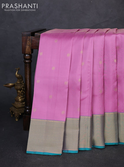 Pure kanchipuram silk saree lotus pink and teal green with allover vairaosi pattern & zari woven buttas and zari woven border