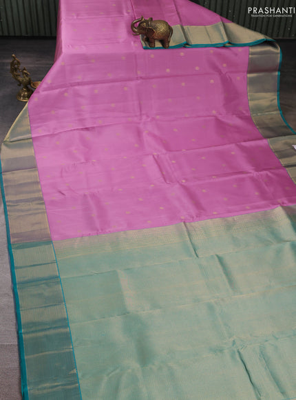 Pure kanchipuram silk saree lotus pink and teal green with allover vairaosi pattern & zari woven buttas and zari woven border