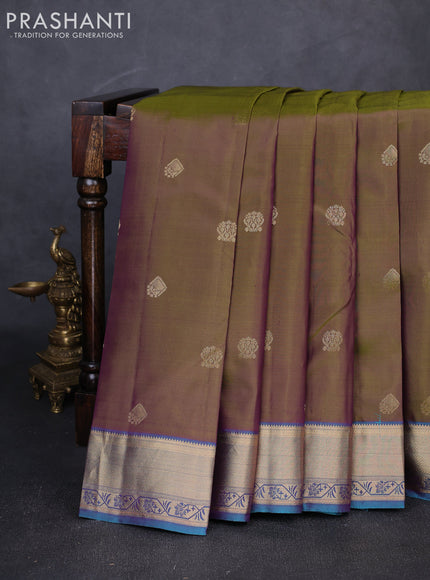 Pure kanchipuram silk saree olive green and teal blue with allover temple zari woven buttas and zari woven border