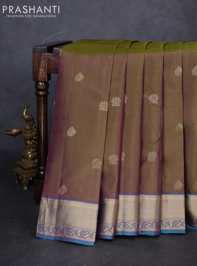 Pure kanchipuram silk saree olive green and teal blue with allover temple zari woven buttas and zari woven border
