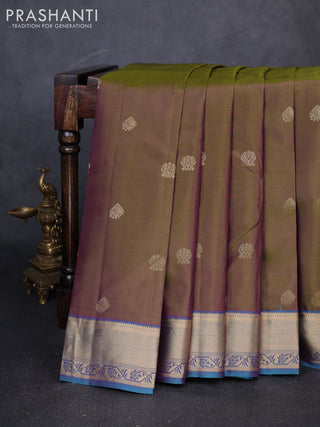 Pure kanchipuram silk saree olive green and teal blue with allover temple zari woven buttas and zari woven border
