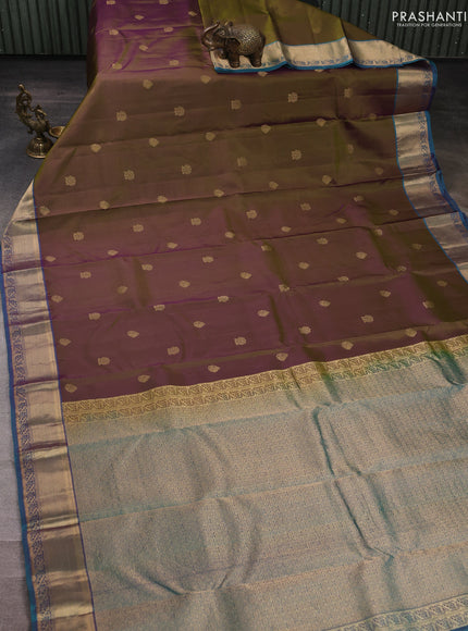 Pure kanchipuram silk saree olive green and teal blue with allover temple zari woven buttas and zari woven border