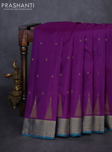 Pure kanchipuram silk saree purple and teal blue with allover temple zari woven buttas and zari woven border