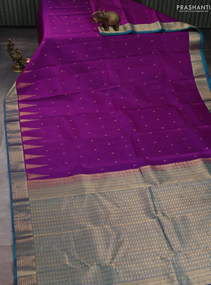 Pure kanchipuram silk saree purple and teal blue with allover temple zari woven buttas and zari woven border