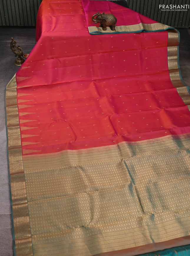 Pure kanchipuram silk saree tomato pink and teal green with allover temple zari woven buttas and zari woven border