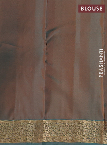 Pure kanchipuram silk saree tomato pink and teal green with allover temple zari woven buttas and zari woven border