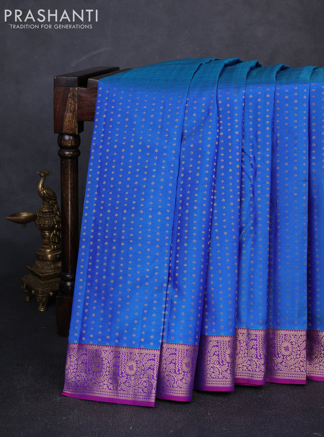 Pure kanchipuram silk saree blue and purple with allover zari woven 1000 buttas and zari woven border