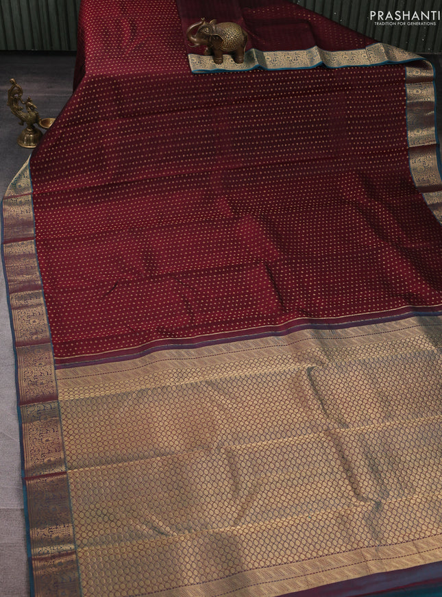 Pure kanchipuram silk saree deep maroon and teal green with allover zari woven 1000 buttas and zari woven border