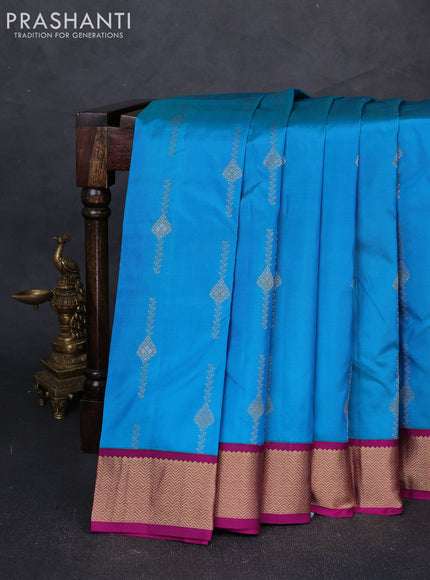 Pure kanchipuram silk saree cs blue and pink with allover silver& zari woven buttas and zari woven korvai border