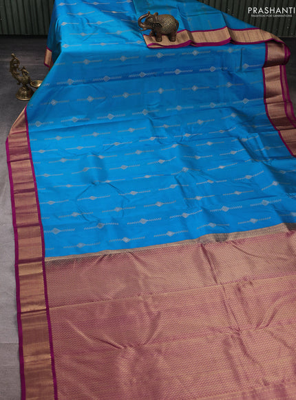 Pure kanchipuram silk saree cs blue and pink with allover silver& zari woven buttas and zari woven korvai border