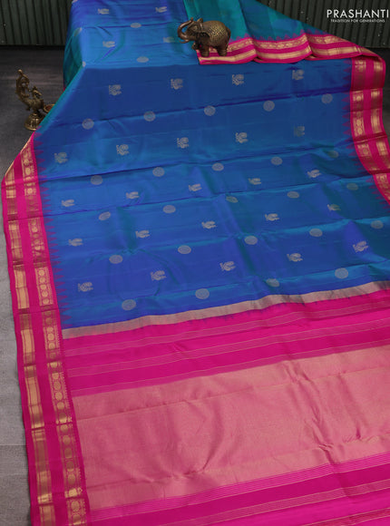 Pure kanchipuram silk saree dual shade of greenish blue and pink with zari woven buttas and temple design rettapet zari woven border