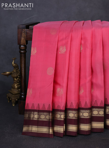 Pure kanchipuram silk saree peach pink and coffee brown with zari woven buttas and temple design rettapet zari woven border