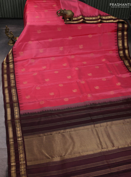 Pure kanchipuram silk saree peach pink and coffee brown with zari woven buttas and temple design rettapet zari woven border