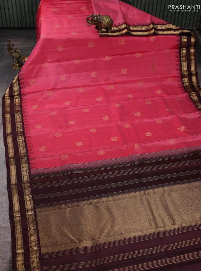 Pure kanchipuram silk saree peach pink and coffee brown with zari woven buttas and temple design rettapet zari woven border