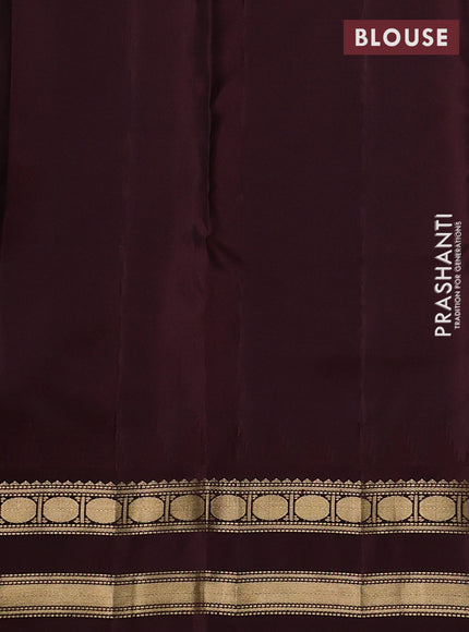 Pure kanchipuram silk saree peach pink and coffee brown with zari woven buttas and temple design rettapet zari woven border