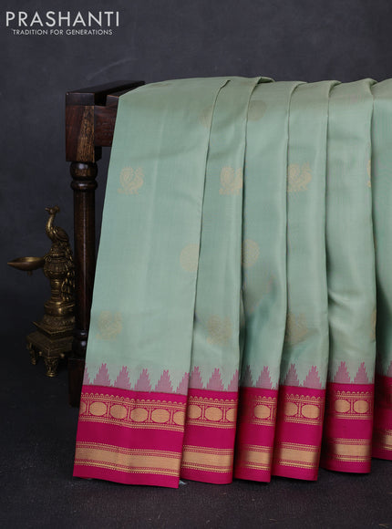 Pure kanchipuram silk saree pastel green and pink with zari woven buttas and temple design rettapet zari woven border